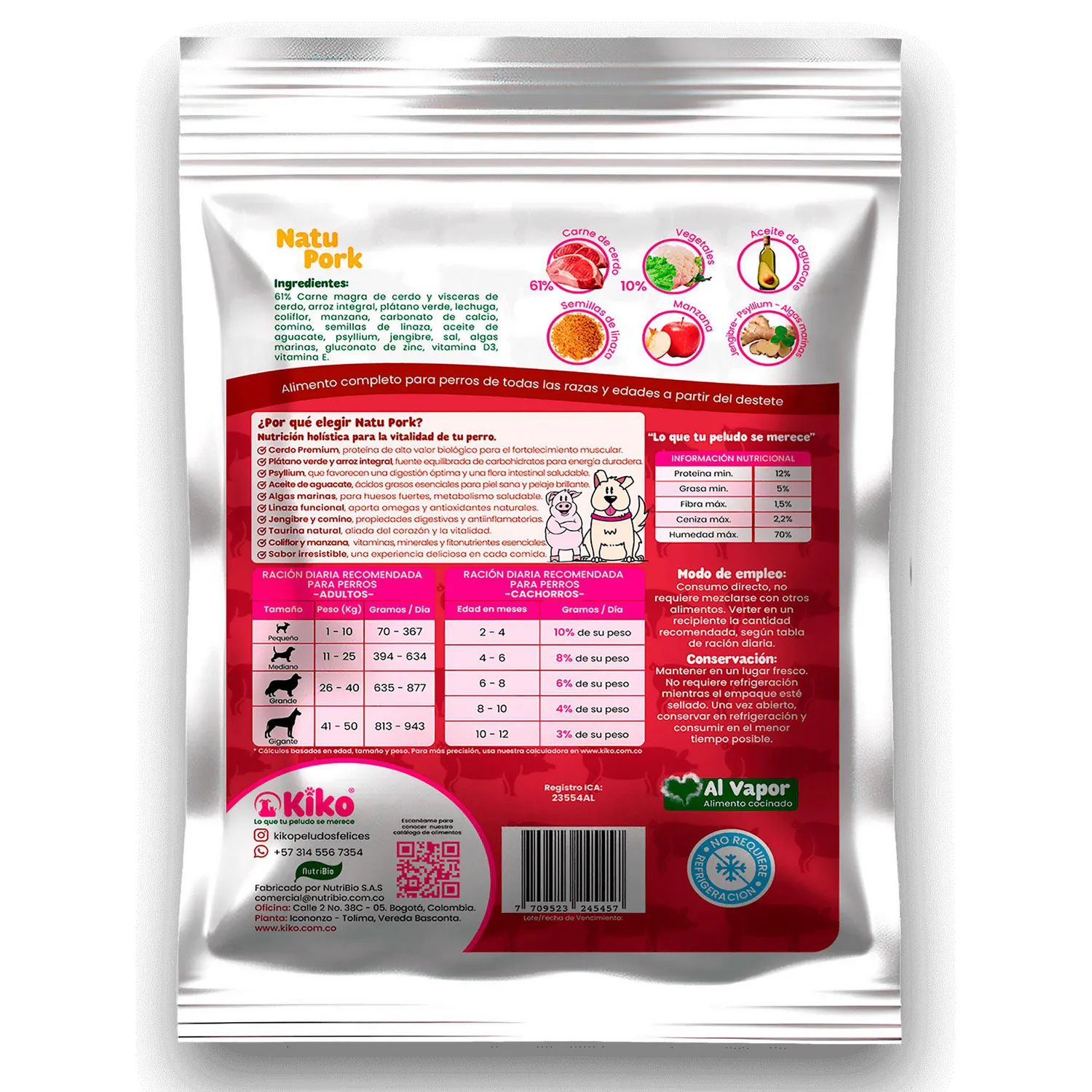 Kiko Natu Pork Comida Húmeda Natural Monoprotéico Para Perros 61% Carne Real De Cerdo 400g