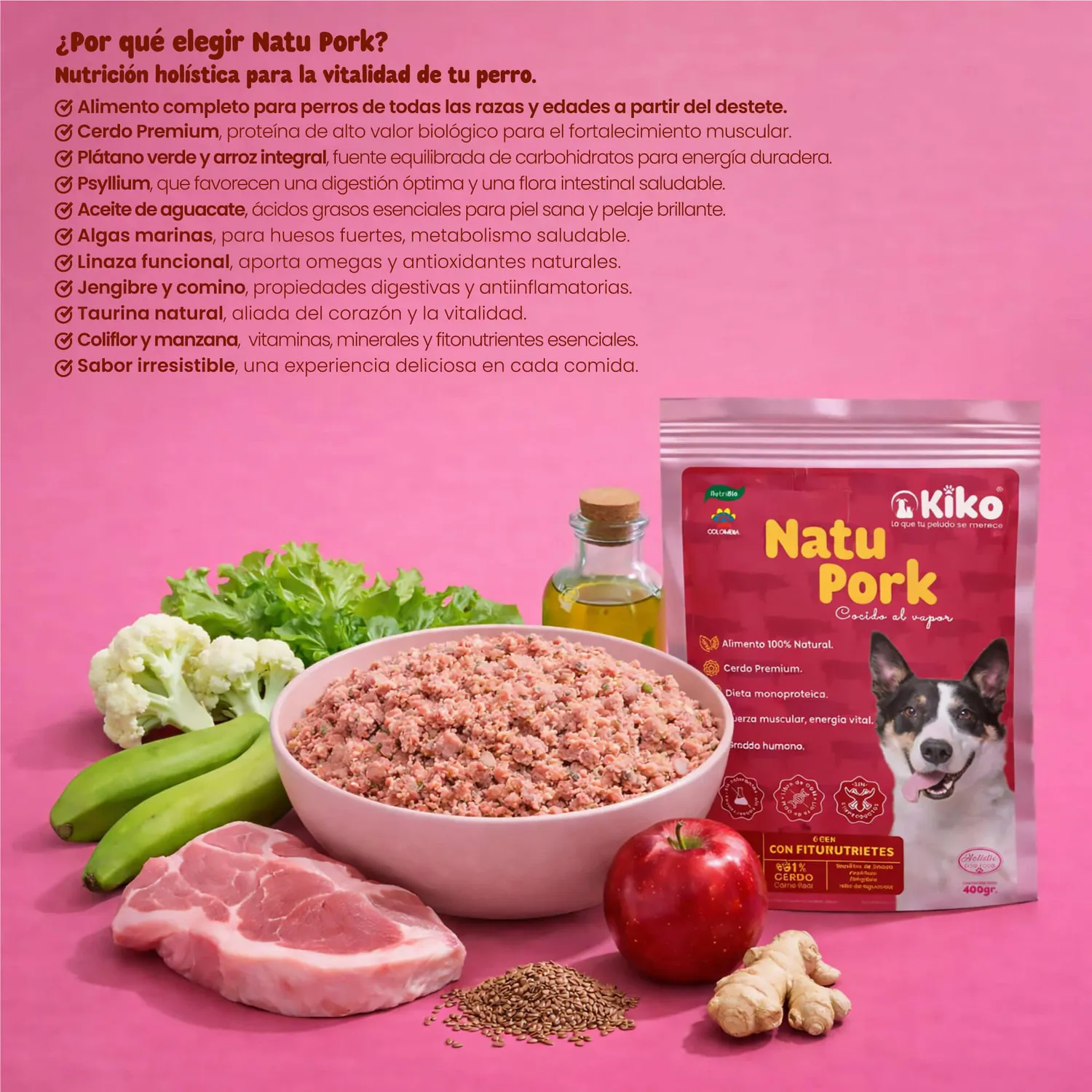 Kiko Natu Pork Comida Húmeda Natural Monoprotéico Para Perros 61% Carne Real De Cerdo 400g 6