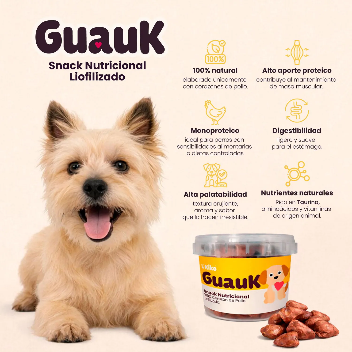 Kiko Guauk Snack Natural Liofilizado Premio para Perros Corazones de Pollo 60g 3