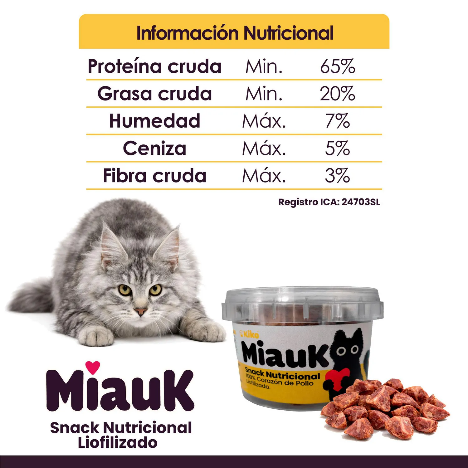 Kiko Miauk Snack Natural Liofilizado Premio para Gatos Corazones de Pollo Fuente Natural de Taurina 60g 5