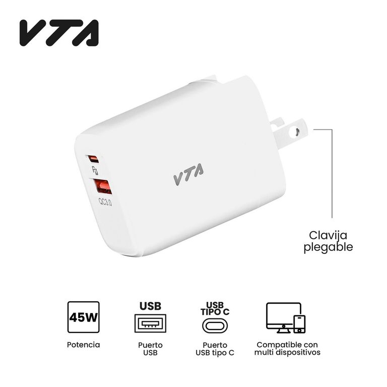 Cargador Ultra Rapido 45W Puerto Usb Tipo C Y A