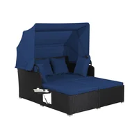 Silla para Exterior y Terraza de Ratán Azul Marino con Toldo Plegable para Jardín