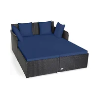 Silla para Exterior y Terraza de Ratán Azul Marino con Base Larga para Jardín