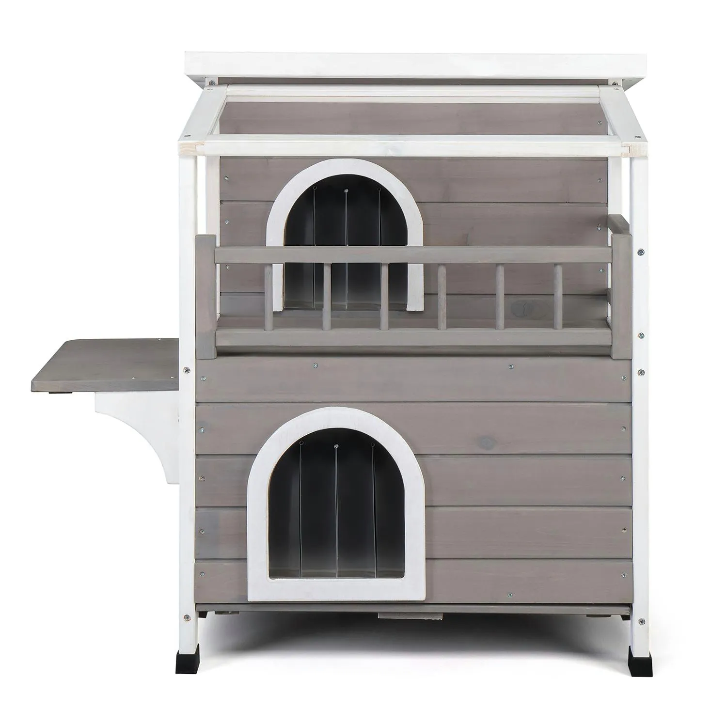 Casa para Gatos 2 Pisos con Balcón y Techo Transparente Gris y Blanco 3
