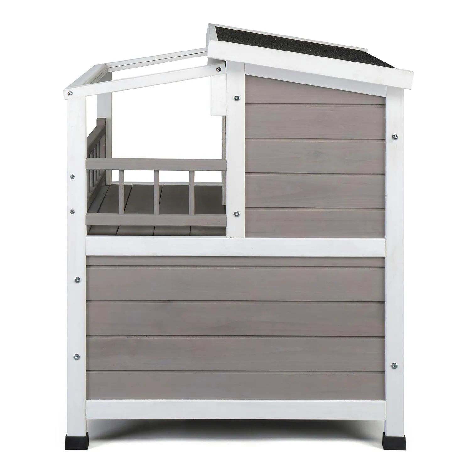 Casa para Gatos 2 Pisos con Balcón y Techo Transparente Gris y Blanco 4