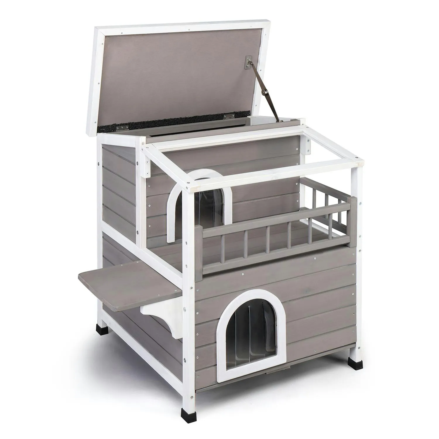 Casa para Gatos 2 Pisos con Balcón y Techo Transparente Gris y Blanco 5
