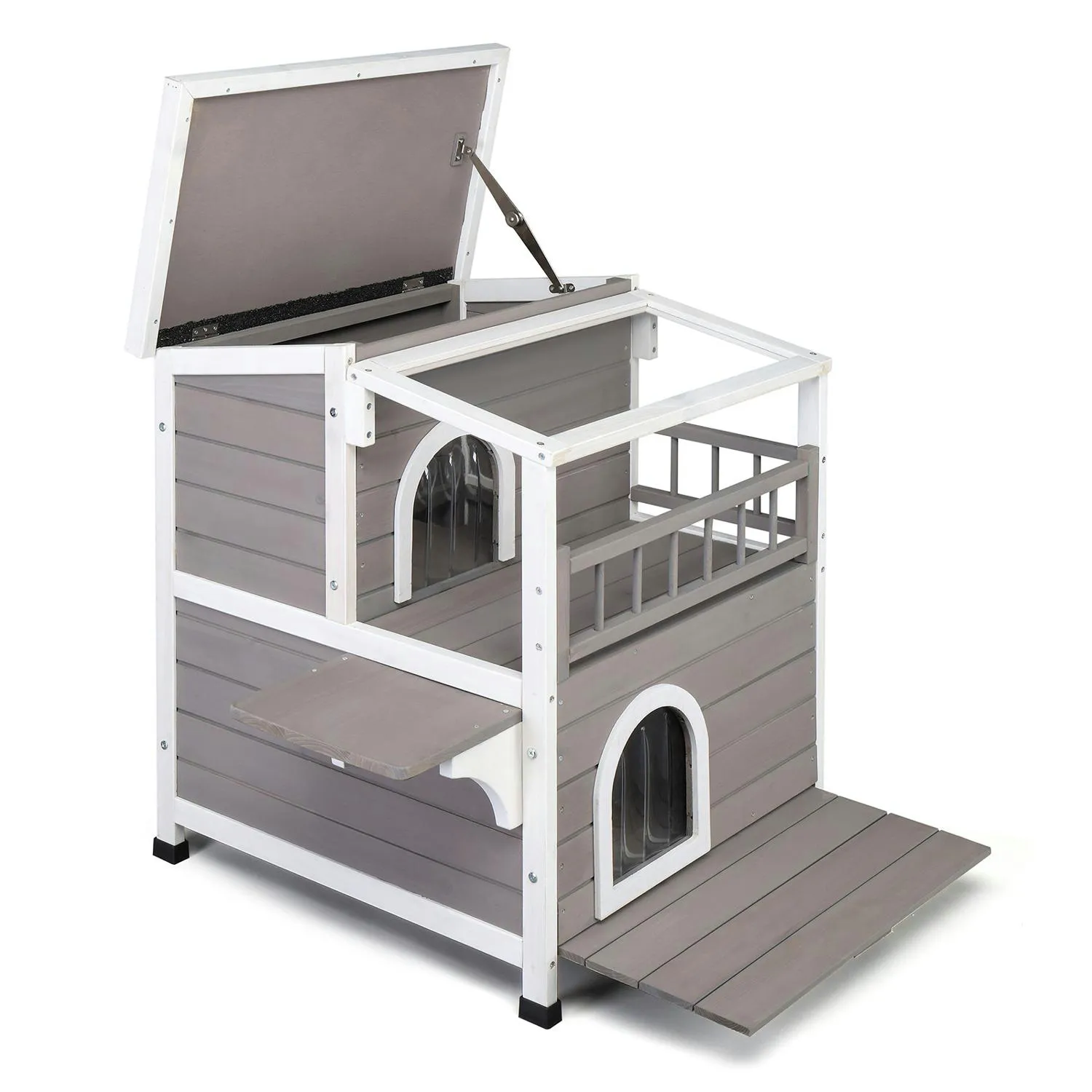 Casa para Gatos 2 Pisos con Balcón y Techo Transparente Gris y Blanco 6