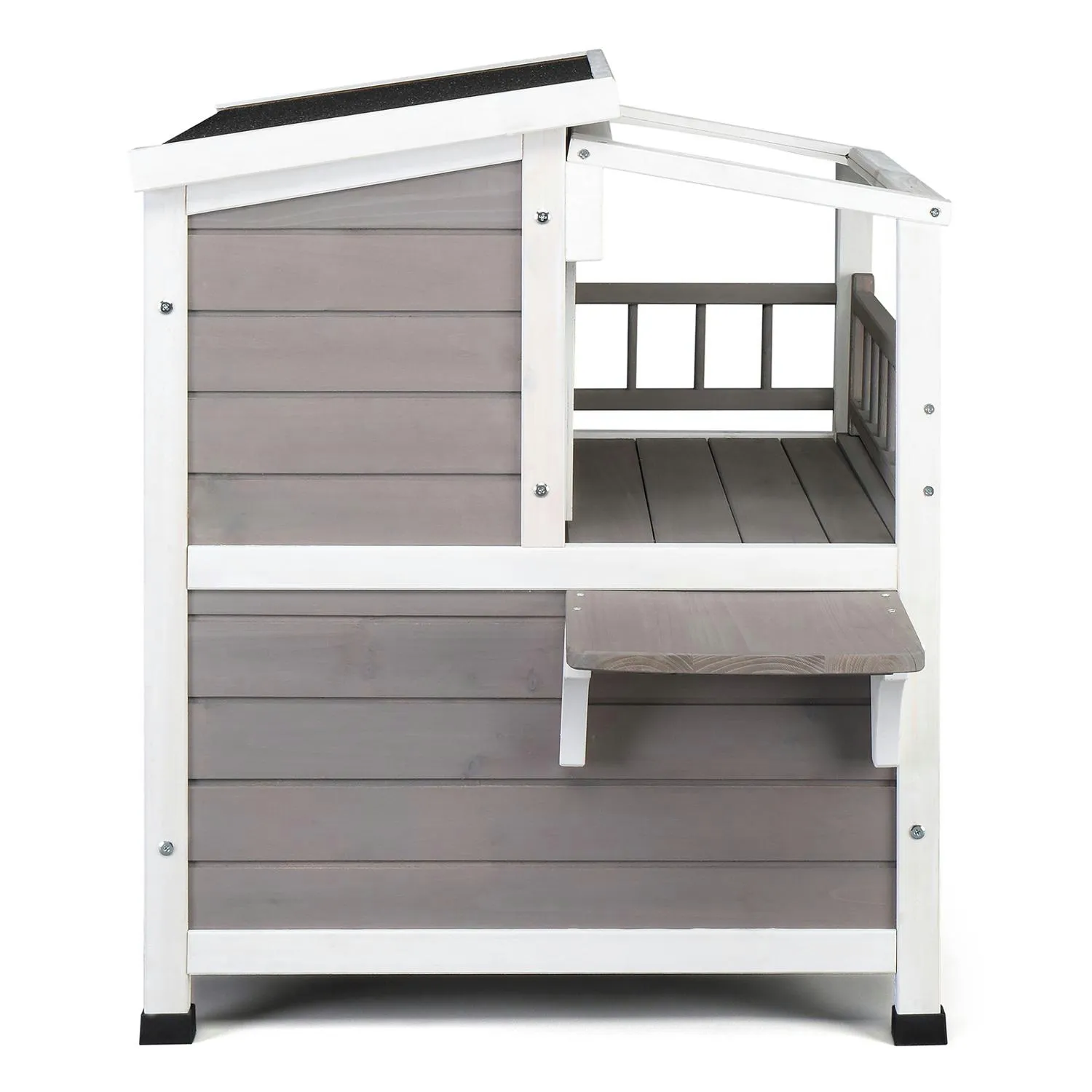 Casa para Gatos 2 Pisos con Balcón y Techo Transparente Gris y Blanco 7