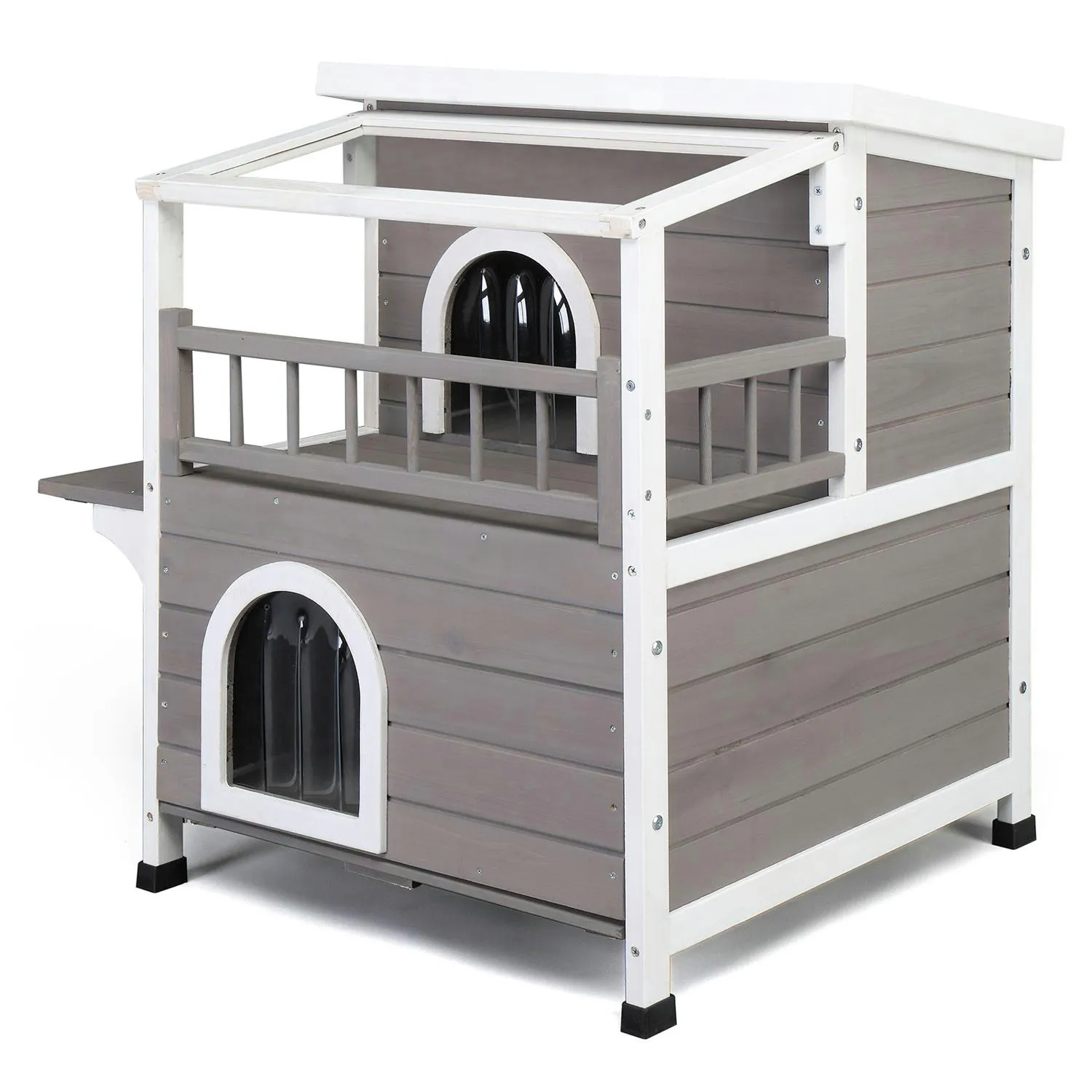 Casa para Gatos 2 Pisos con Balcón y Techo Transparente Gris y Blanco 8