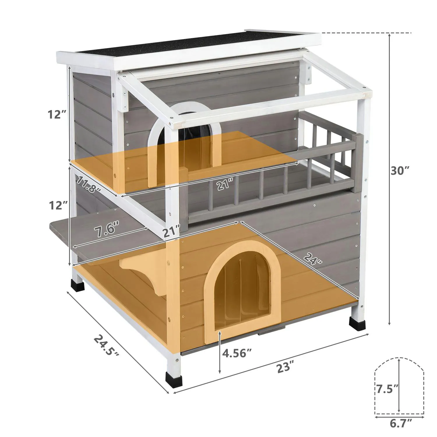 Casa para Gatos 2 Pisos con Balcón y Techo Transparente Gris y Blanco 9