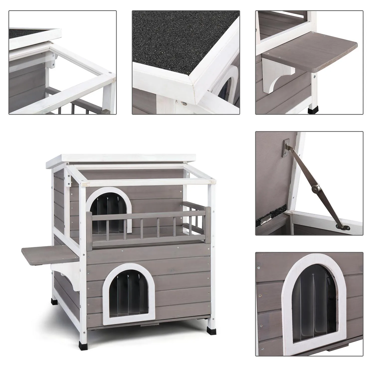 Casa para Gatos 2 Pisos con Balcón y Techo Transparente Gris y Blanco 10
