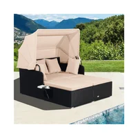 Silla para Exterior y Terraza de Ratán Beige con Toldo Retráctil para Jardín
