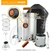 Combo Barril Asador Grande Vikingo Con Termómetro 62x71 cm 18 kg Acero Inoxidable Incluye Forro