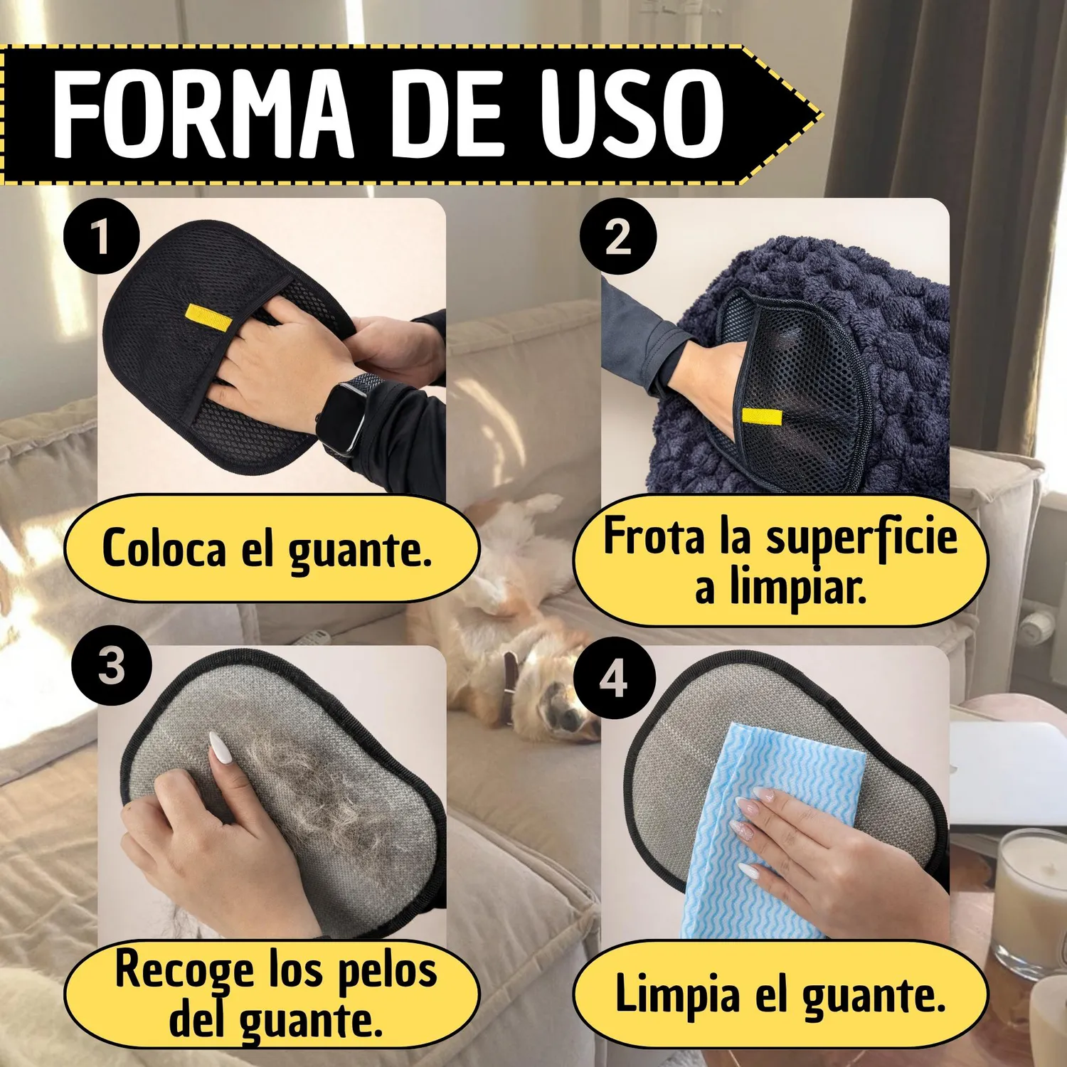 Guante Removedor de Pelos de Mascotas Reutilizable Ropa y Muebles 5