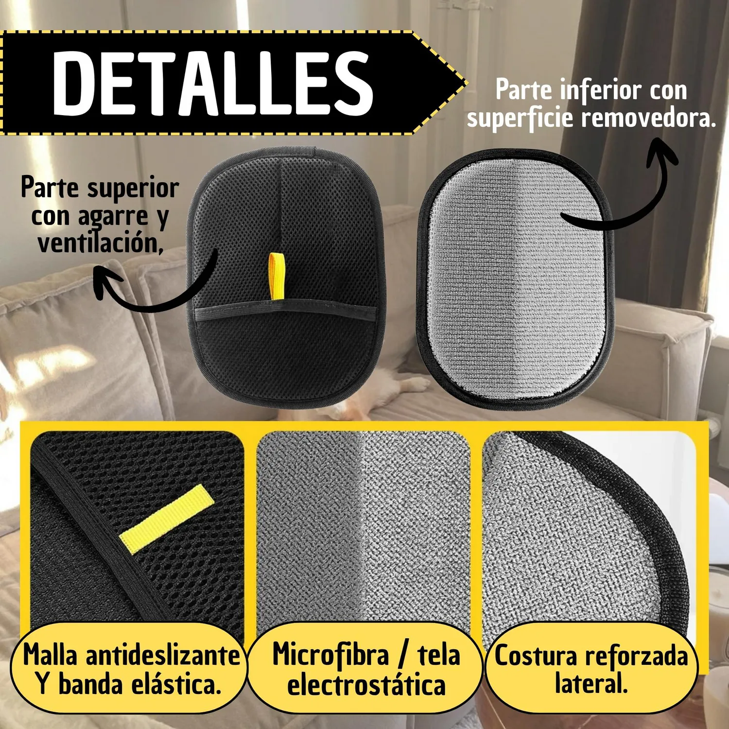 Guante Quita Pelos Removedor de Pelo Muebles y Ropa Perros Gatos 3