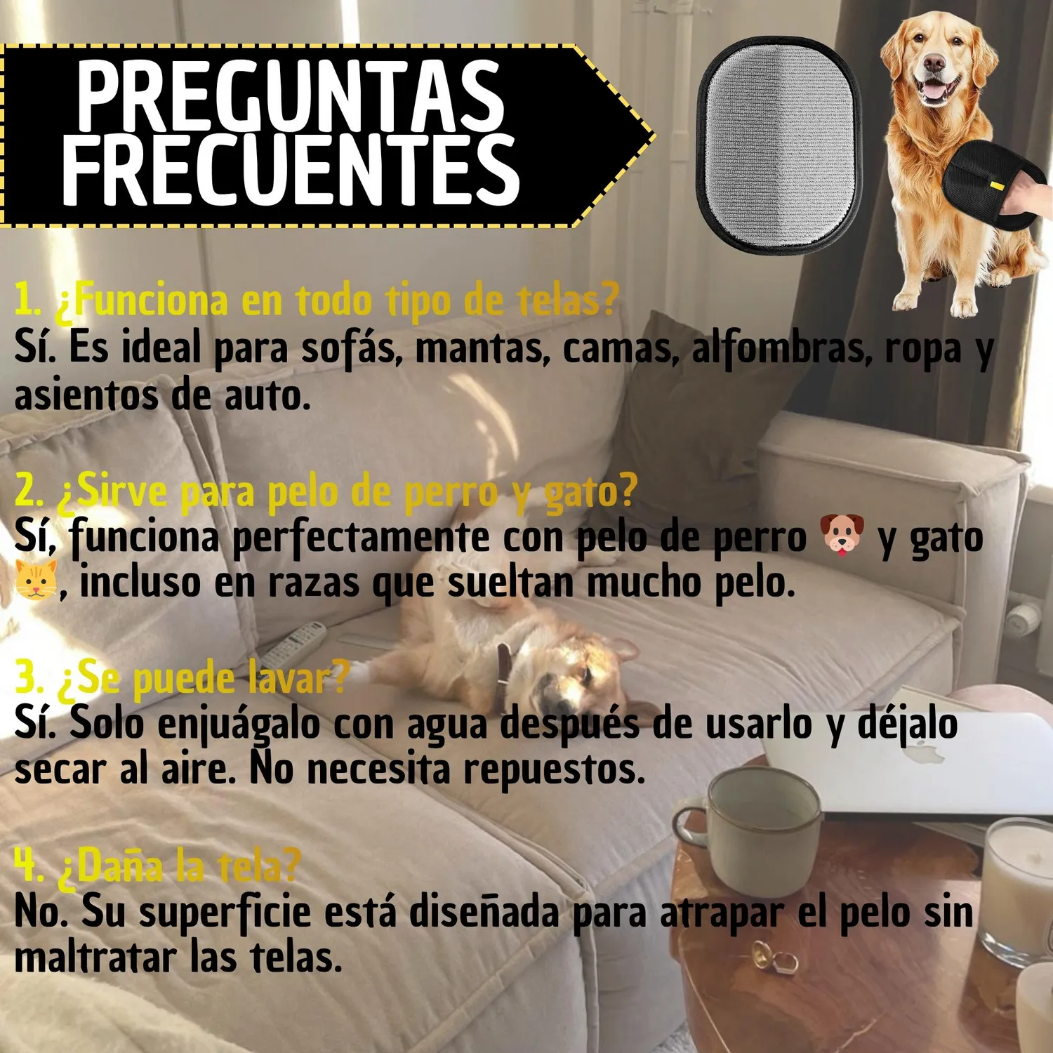 Guante Quita Pelos Removedor de Pelo Muebles y Ropa Perros Gatos 7