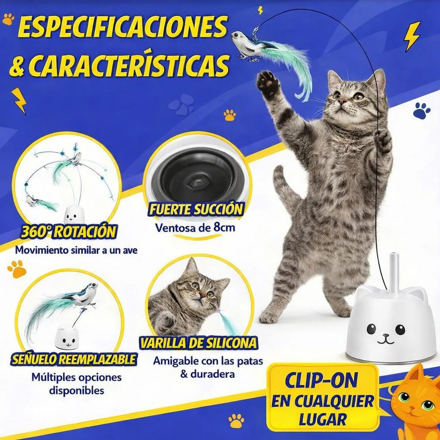 Juguete para Gatos Varita Automática Pájaro Volador Silicona Recargable Catpick 3