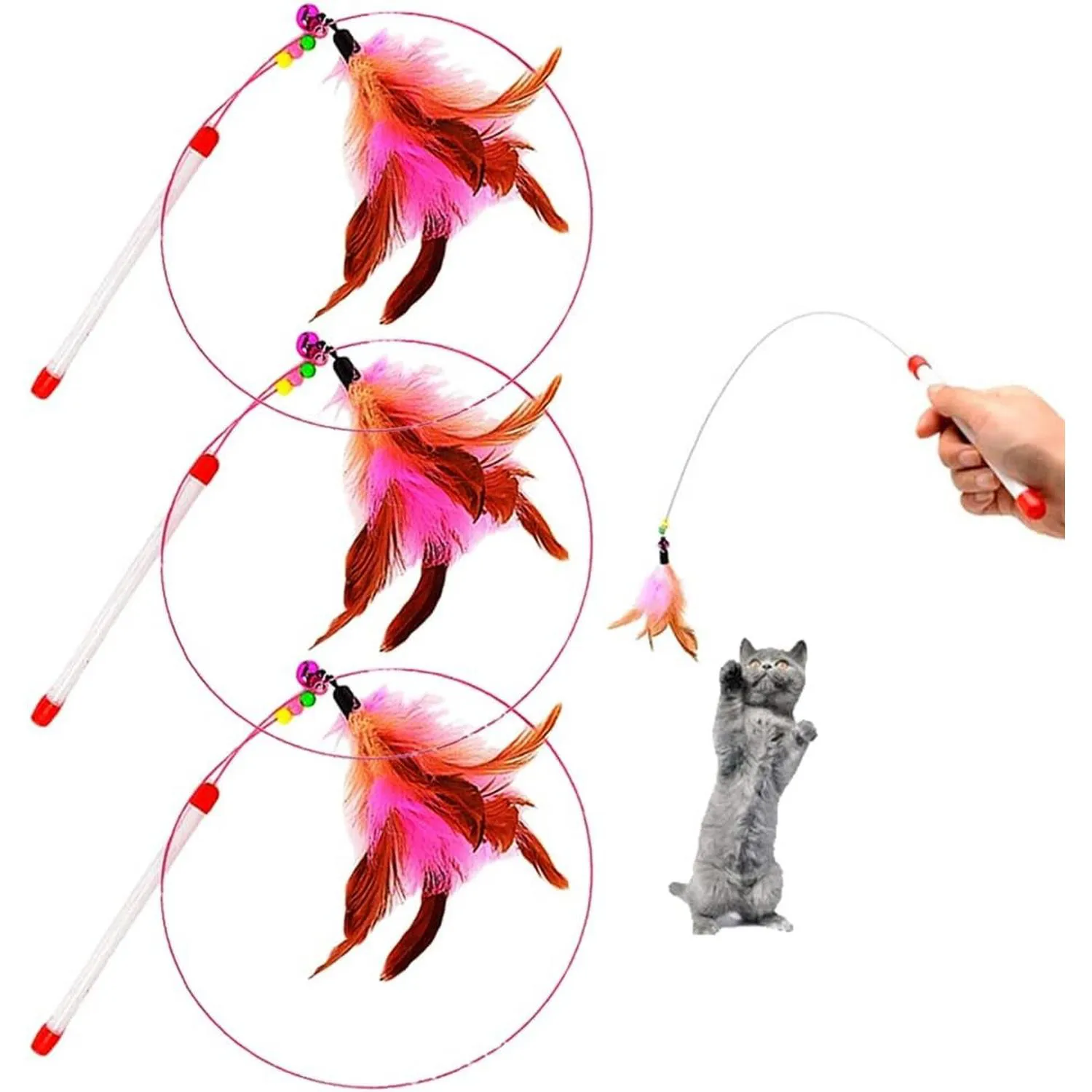 Juguete Para Gato Varita Interactiva Con Plumas Naturales 3 Unidades