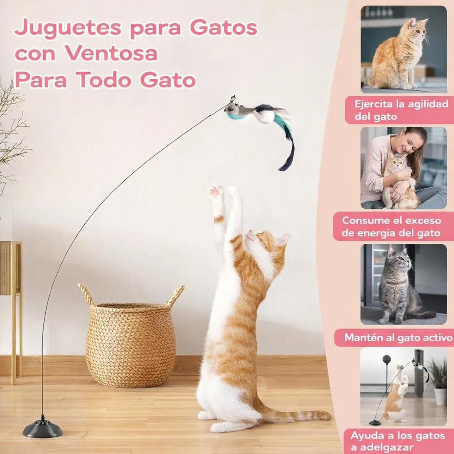 Juguete para Gatos Varita Ventosa Plumas Interactiva 6 Piezas Maiguangta
