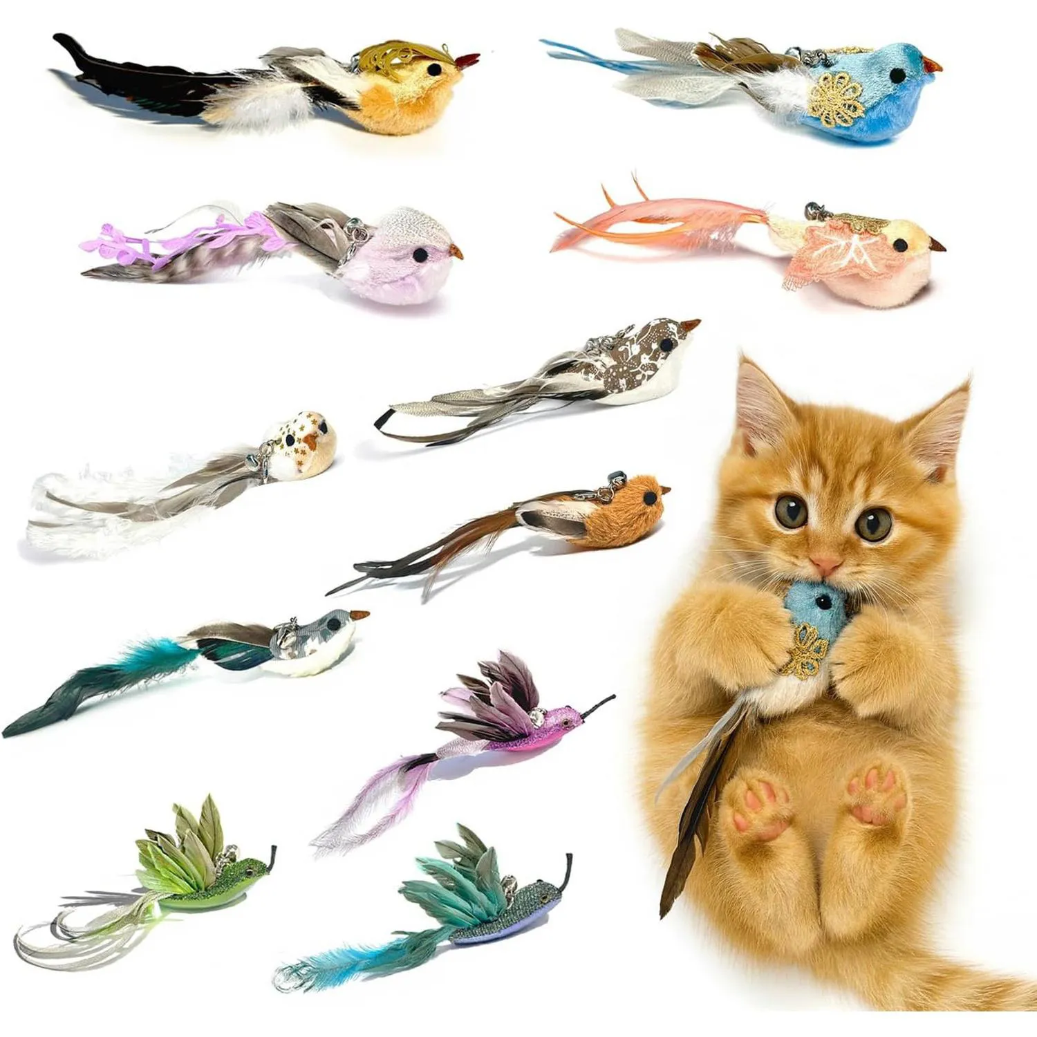 Juguete para Gatos Repuesto Pájaro Plumas con Campana 11 Piezas