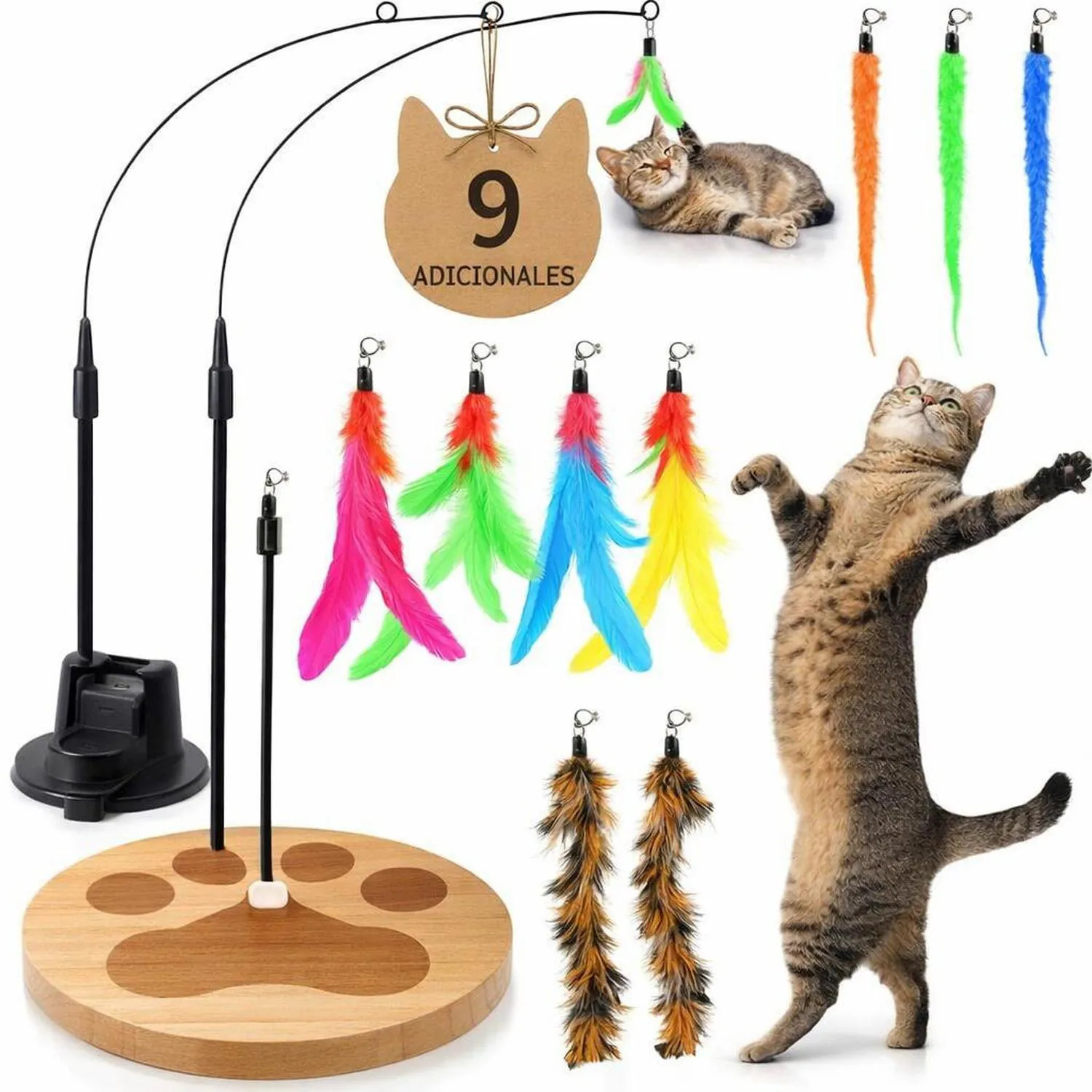 Juguete para Gatos Varita Plumas Ventosa Base Madera 9 Piezas Gadgetsolgy
