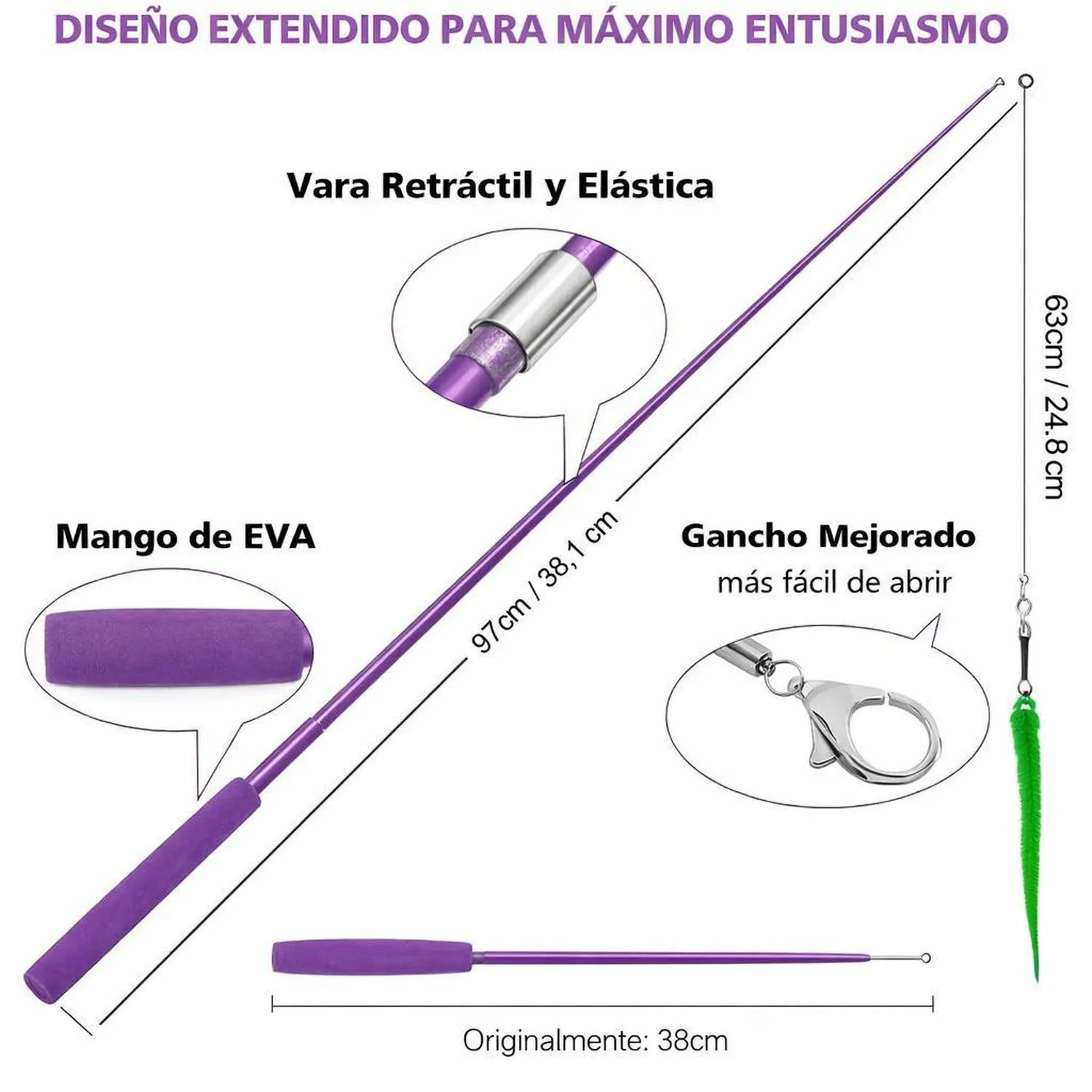 Juguete para Gatos Varita Retráctil Gusano Peluche 97 cm ZeyZoo 3