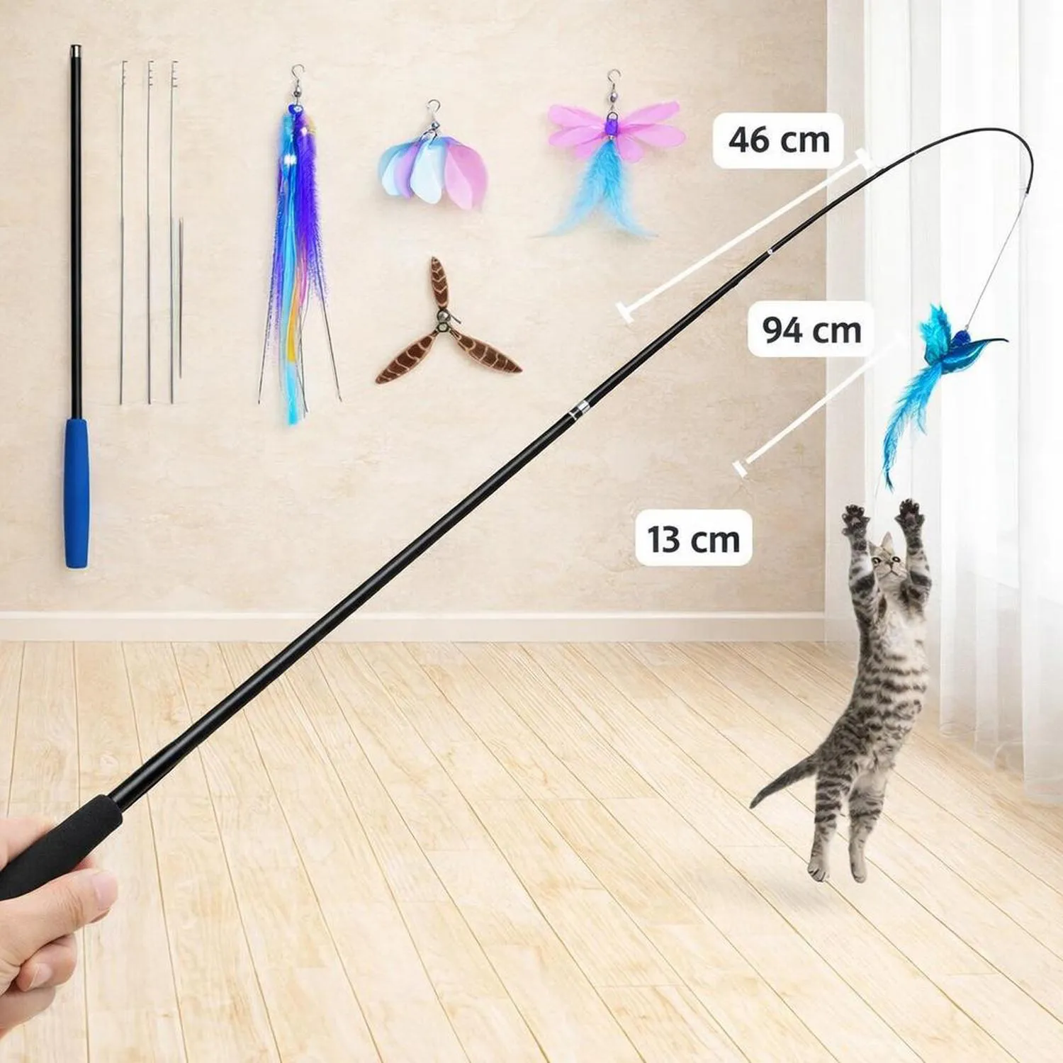 Juguete para Gatos Varita Resorte Plumas Interactiva 160 cm Jxfukal