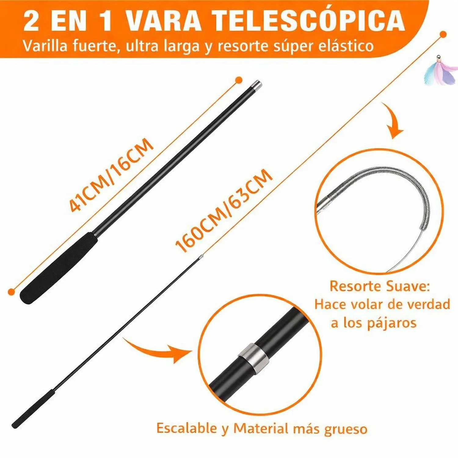Juguete para Gatos Varita Resorte Plumas Interactiva 160 cm Jxfukal
