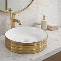 Lavamanos Barsu Sobreponer Blanco Dorado 39 x 39 x 13 cm