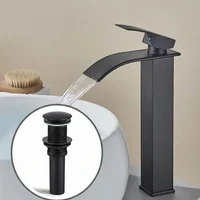 Kit Grifería Lavamanos Alta Milan Negro Mate 28 cm + Desagüe Push Cuadrado Negro 7.8 cm | Set Completo Baño Moderno