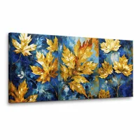 Arte Abstracto Estilo Óleo Plantas Dorado y Ázul 118x55cm