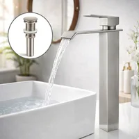 Kit Grifería Lavamanos Alta Cascada Acero Inoxidable 304 Satin 30 cm + Desagüe Push Satin 7.8 cm | Set Completo Baño Moderno