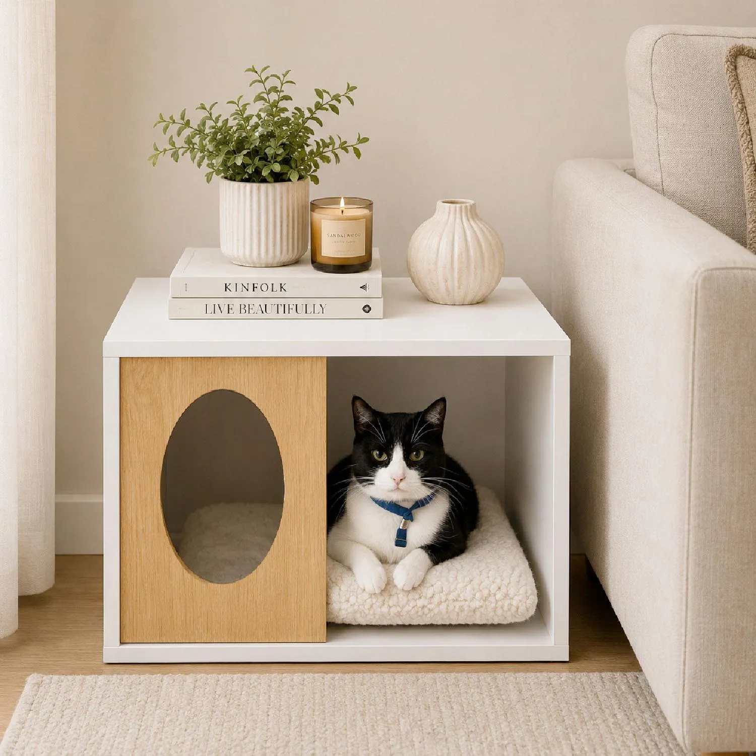 Mesa Auxiliar Cubo Pet 40x50x40cm Blanco/Madera