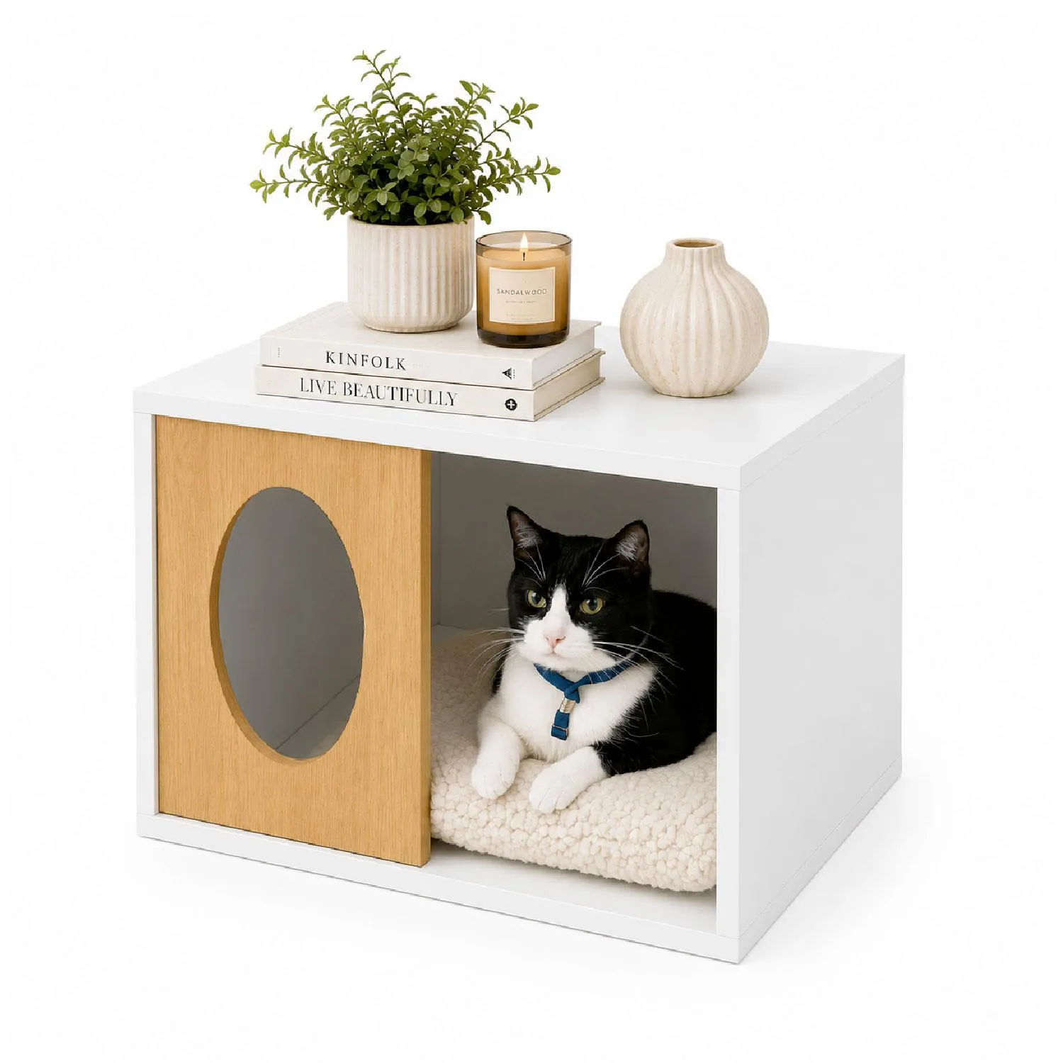 Mesa Auxiliar Cubo Pet 40x50x40cm Blanco/Madera