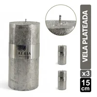 Set X3 Velas Plateada Con Adorno Plateado 15cm