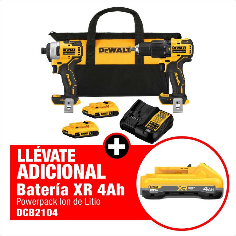 Combo Taladro Percutor 1/2" (13mm) + Atornillador de Impacto 1/4" (6.35 Mm) 20v + Bateria Power Pack 4 Ah Dewalt