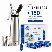 Chantillera 500 ml Color Gris En Acero y Aluminio Recubrimiento de Silicona + 150 Capsulas de Nitrógeno para Chantilly