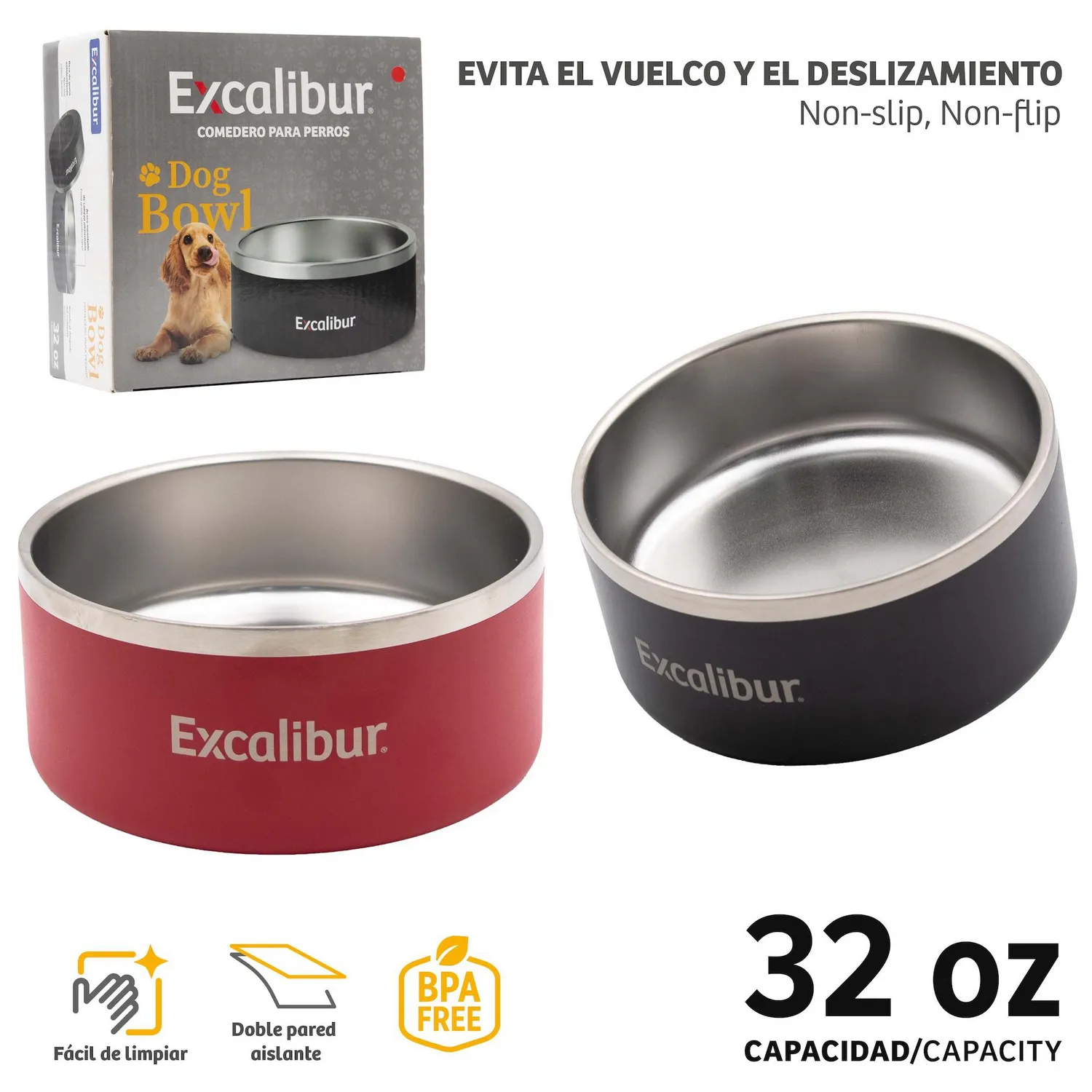Bowl Mascotas 32oz(950ml) Base Antideslizante-inter Acero Inoxidable