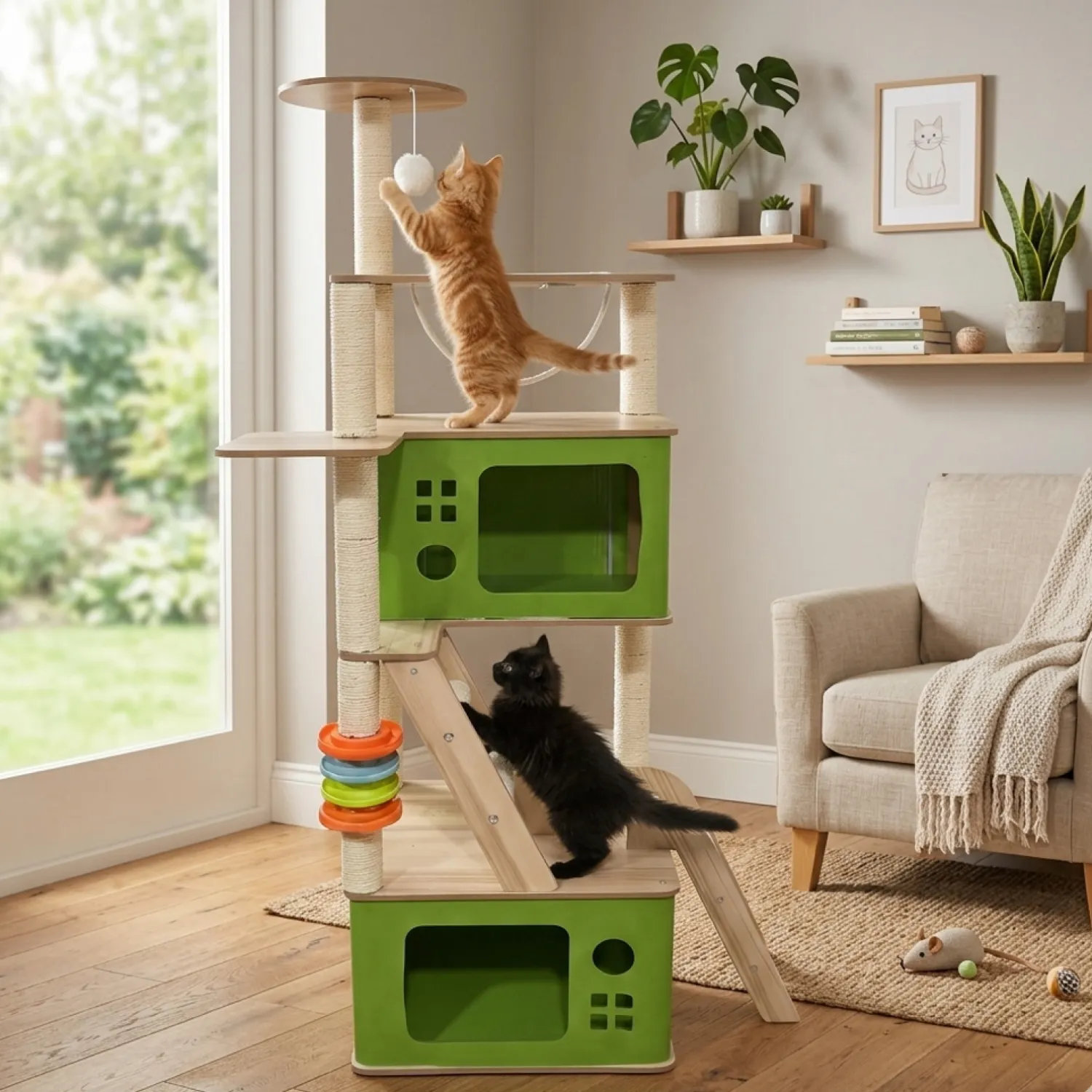 Gimnasio Árbol para Gatos Desarmable En Madera y Domo