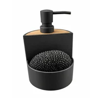 Dispensador de Jabón de Cocina 450 ml Color Negro Superficie En Madera Con Esponjilla