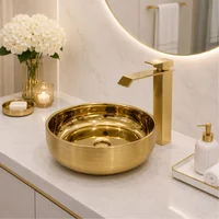 Kit Lavamanos Redondo Dorado Tipo Vessel 36. cm + Grifería Alta Cascada Oro + Desagüe Push Premium para Baño Moderno Pamo Colombia