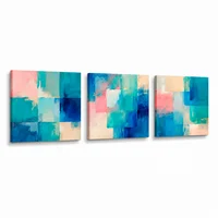 Lienzo Canvas Cuadro Triptico Ecos En Azul y Coral 34x34cm C/u