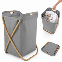 Cesto Grande Para Ropa Gris Estructura Bambú Resistente