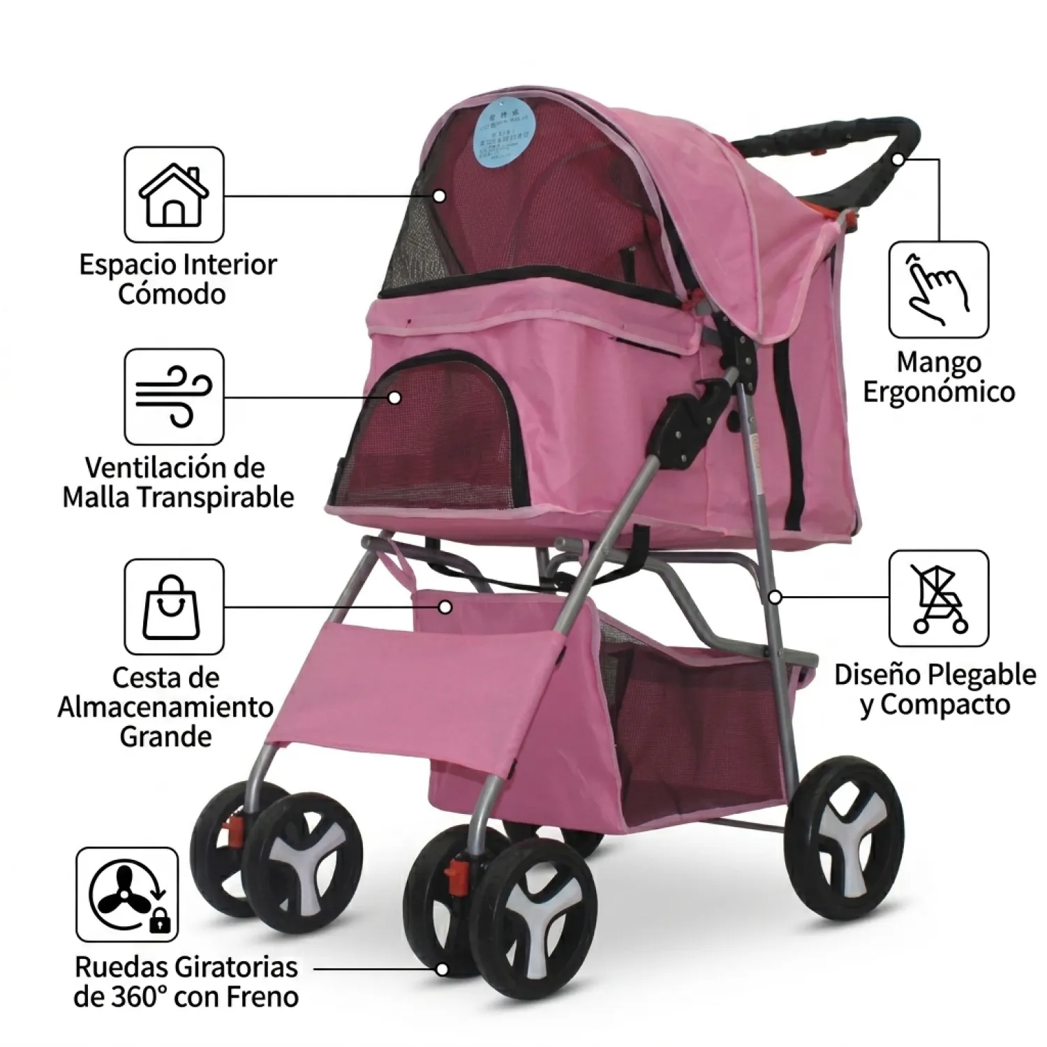 Coche para Mascotas Mediano Alto 102 Ancho 47 Fondo 66 Rosado 5