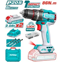 Taladro Percutor Inalámbrico 13 mm 1/2 Pulgada Bat Li-ion 20V 86nm con 2 Baterías 2Ah + 47 Accesorios y 3 Brocas sin Carbones Total Tools