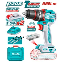 Taladro Inalámbrico de Impacto Batería Litio 20V 1/2 Pulgada con 2 Baterías 2Ah + Accesorios + Cargador + Maletín Total Tools
