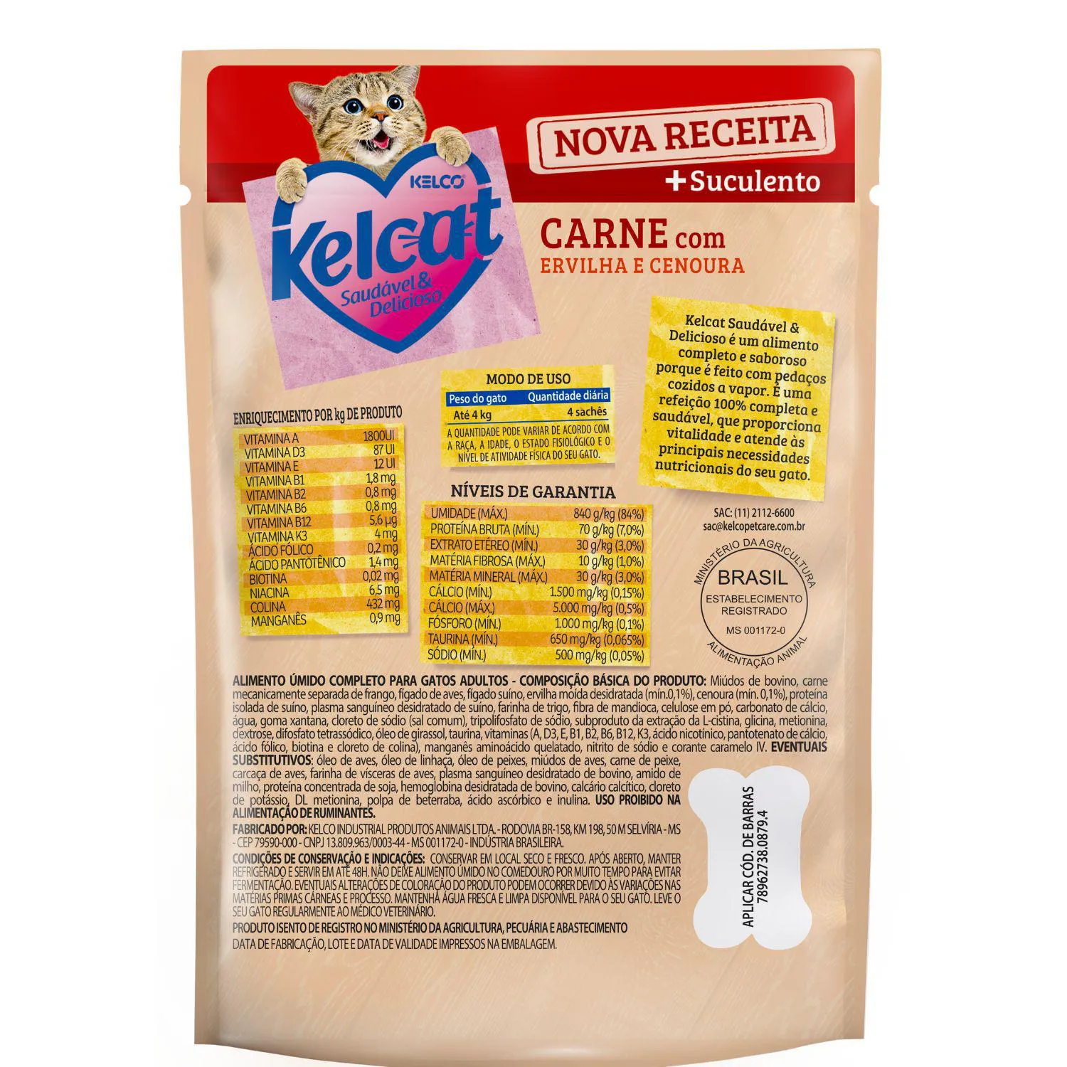 Comida Humeda para Gato Carne Guisante Zanahoria 85G Kelcat