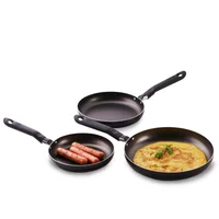 Set de 3 Sartenes en Aluminio de Alta Pureza 1.4mm de Espesor 18, 20 y 24 cm con 4 Capas Antiadherentes Negro, Libre de PFOA, con Acabado en Pintura Metalizada y Mango en Baquelita Casa Bonita