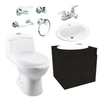 Corona Combo Smart: Sanitario Smart Redondo Blanco De Una Pieza + Mueble Esencial Elevado + Lavamanos Marcella + Grifería Nogal + Accesorios Ródano 4 Piezas Corona