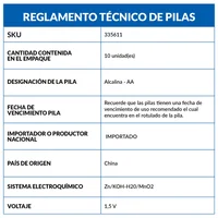 Pilas alcalinas Pack 10Aa 1.5V Dairu